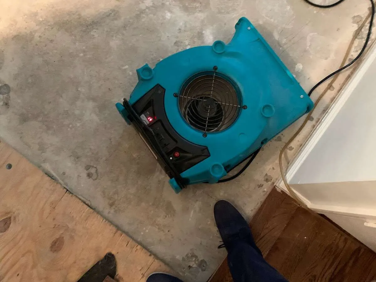 Air mover drying subfloor during Commercial Water Damage Restoration in Stoughton